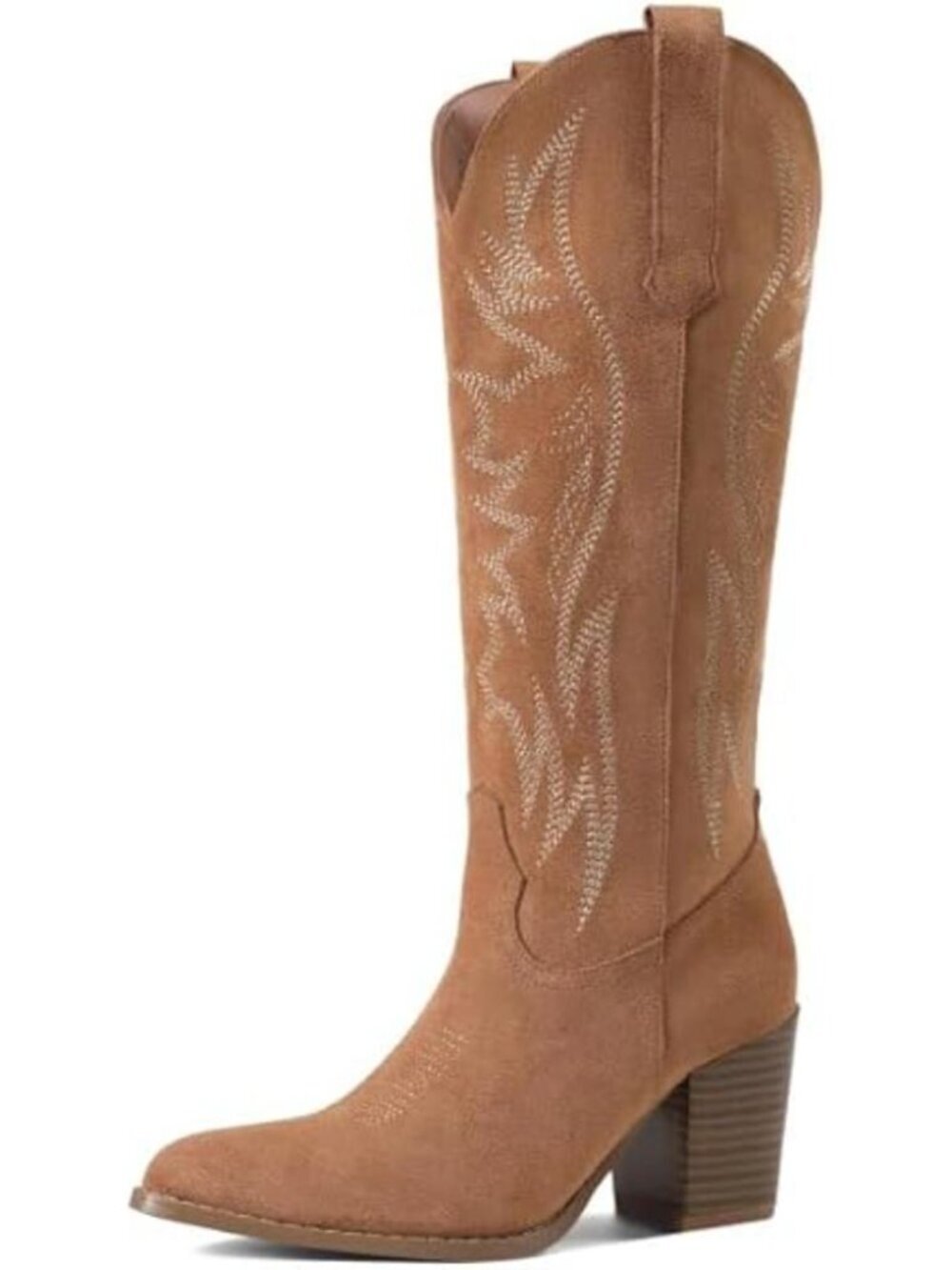 Women's Pointed Toe Knee High Cowgirl Boots Brown Suede Wide Calf Embroidered
